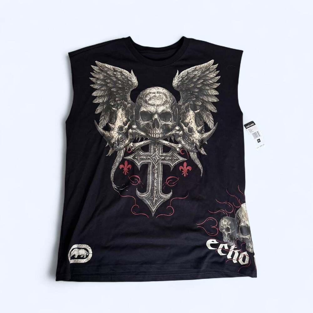 Ecko Unltd Skull Wings Cross Sleeveless Graphic Shirt Size XL Black NWT